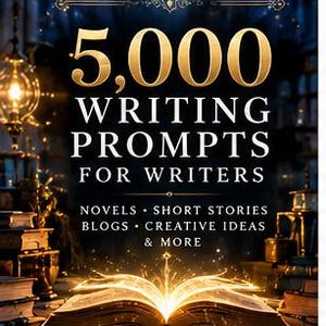 Könnte beinhalten: Ein Buchcover mit dem goldenen Text 5,000 WRITING PROMPTS FOR WRITERS, gefolgt von NOVELS, SHORT STORIES, BLOGS, CREATIVE IDEAS & MORE. Ein aufgeschlagenes Buch mit leuchtenden Seiten liegt unten vor einem dunklen Hintergrund.