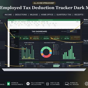 Op de afbeelding: Een digitaal spreadsheet-interface getiteld Self-Employed Tax Deduction Tracker Dark Mode. Het dashboard heeft een donker thema met groene en witte tekst, met inkomsten, aftrekposten, nettowinst, belastingramingen en ontbrekende bonnen. Het bevat staafdiagrammen, een ringdiagram en navigatietabbladen voor inkomsten, kilometerregistratie, thuiskantoor en kwartaalbelastingen.