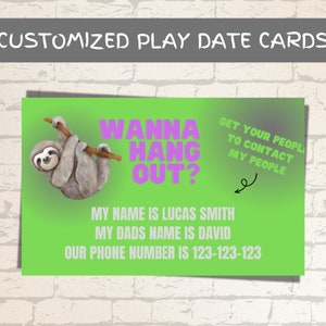 Personalisierte Sloth Play Date Karten digitaler Download, Spieleinladungen, Kid Calling Karten, Sofortige PDF, druckbare Playdate Karten