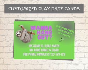 Customised Sloth Play Date Cards Digital Download, Play Invitations, Kid Calling Cards, Instant PDF, Printable Playdate Cards