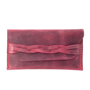 Cartera de mano de piel auténtica de color rojo burdeos