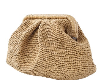 Pouch Clutch Bag with hidden clasp frame, paper yarn knitted tan handcrafted clutch, Woven Straw Summer Handbag