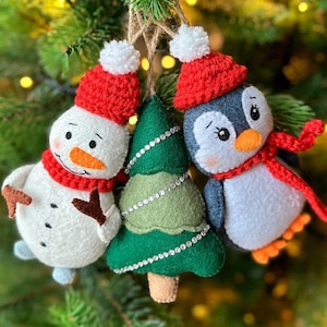 Felt Christmas Ornaments Animals, Penguin Snowman Tree, Hanging Decoration, Christmas Gift Ideas, Felt Toys