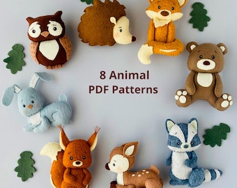May include: A collection of eight felt animal patterns, including an owl, hedgehog, fox, bear, bunny, squirrel, deer, and raccoon. The animals are in various colors, with the text "8 Animal PDF Patterns" displayed in the center.
