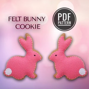 Peut inclure: Deux formes de biscuits de lapin en feutre rose avec des queues en feutre blanc. L'image comprend le texte "FELT BUNNY COOKIE" et "PDF PATTERN".