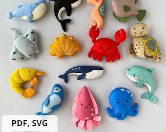 14 Sea Animals Felt Patterns PDF SVG, Ocean Creatures Sewing Set, DIY Felt Toys, Ocean Nursery Decor