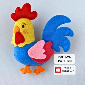 Felt Rooster Sewing Pattern, Farm Stuffed Animals PDF Pattern and Video Tutorial, Felt Toys Pattern, Felt Animals, Farm Decor DIY