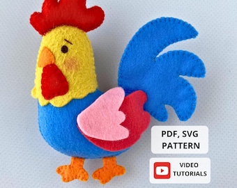 Felt Rooster Sewing Pattern, Farm Stuffed Animals PDF Pattern and Video Tutorial, Felt Toys Pattern, Felt Animals, Farm Decor DIY