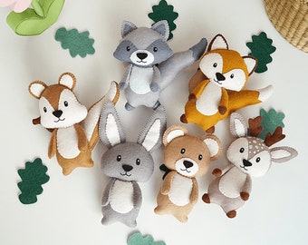 Woodland felt toys, forest animals, kids room decor, fox bear deer hare toys, woodland baby shower