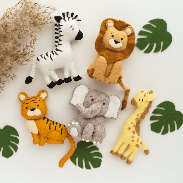 Ensemble de 5 animaux en feutre de la jungle, jouets en feutre Safari, lion zèbre girafe tigre éléphant, ornement en feutre, décoration de chambre d'enfant, cadeau de baby shower safari