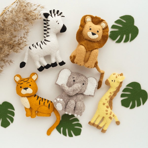 Ensemble safari animaux en feutre, jungle de jouets en feutre, lion zèbre girafe tigre éléphant, décorations en feutre, jouets préscolaires