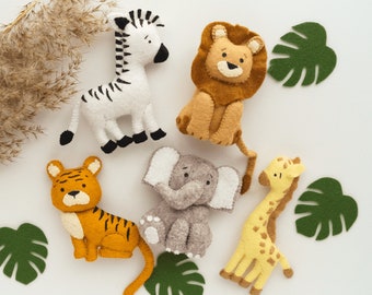 Felt Animals Safari Set, Felt Toys Jungle, Lion Zebra Giraffe Tiger Elephant, Felt Ornaments, Preschool Toys