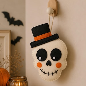 May include: A cream-colored felt skull ornament featuring large black eye sockets with white pupils, orange circular cheeks, and a stitched black mouth. The skull wears a black felt top hat with an orange band and hangs from a light-colored string.