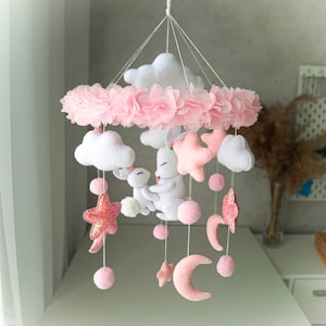 Baby Mobile for Pink Nursery with Bunny Mom and Baby, Flower Nursery Mobile, Floral Crib Mobile, Girls Room Decor, Baby Shower Gift