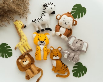Conjunto de animales de safari de fieltro, selva de juguetes de fieltro, animales del zoológico de fieltro para bebé móvil, decoración de cumpleaños de la selva