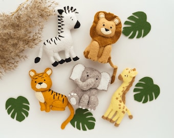 5 Jungle Felt Animals Set, Safari Felt Toys, Lion Zebra Giraffe Tiger Elephant, Felt Ornament, Nursery Decor, Safari Baby Shower Gift