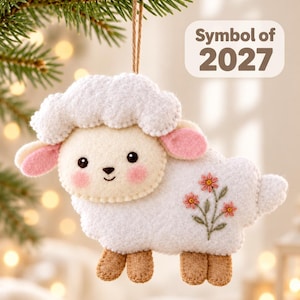 May include: A white felt sheep ornament with a fluffy head, pink ears, and rosy cheeks. The body features embroidered pink flowers and green stems. A brown string is attached for hanging. The text "Symbol of 2027" is printed in a white rounded box.