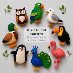 8 modelli per cucire uccellini in feltro, pacchetto di modelli di uccellini in feltro in PDF e SVG, decorazioni per uccelli fai da te fatte a mano, tutorial per principianti