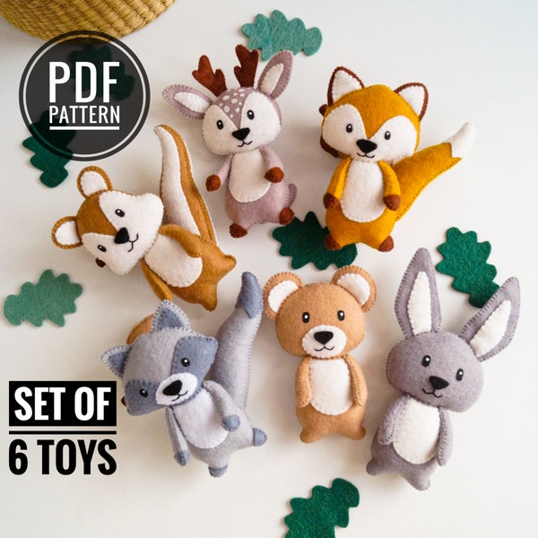 6 bos vilt dieren patroon PDF, vilt speelgoed tutorials, vilt ornament patroon, baby speelgoed pasgeboren, baby speelgoed, stim speelgoed, montessori baby speelgoed