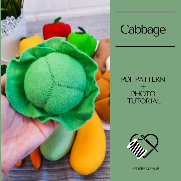 Felt Cabbage Pattern, Felt Food DIY, Pretend Play Food, Felt Vegetables for Kitchen Decoration, Toys for Kids, Farmhouse Decor