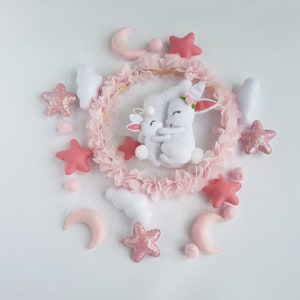Pink Baby Mobile with Bunny, Flower Mobile Nursery, Floral Crib Mobile, Girls Nursery Decor, Baby Shower Gift