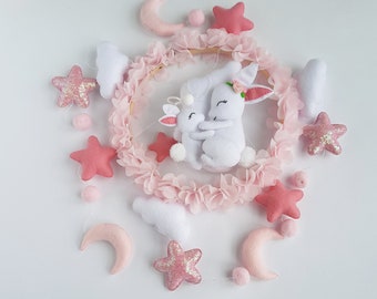 Pink Baby Mobile with Bunny, Flower Mobile Nursery, Floral Crib Mobile, Girls Nursery Decor, Baby Shower Gift