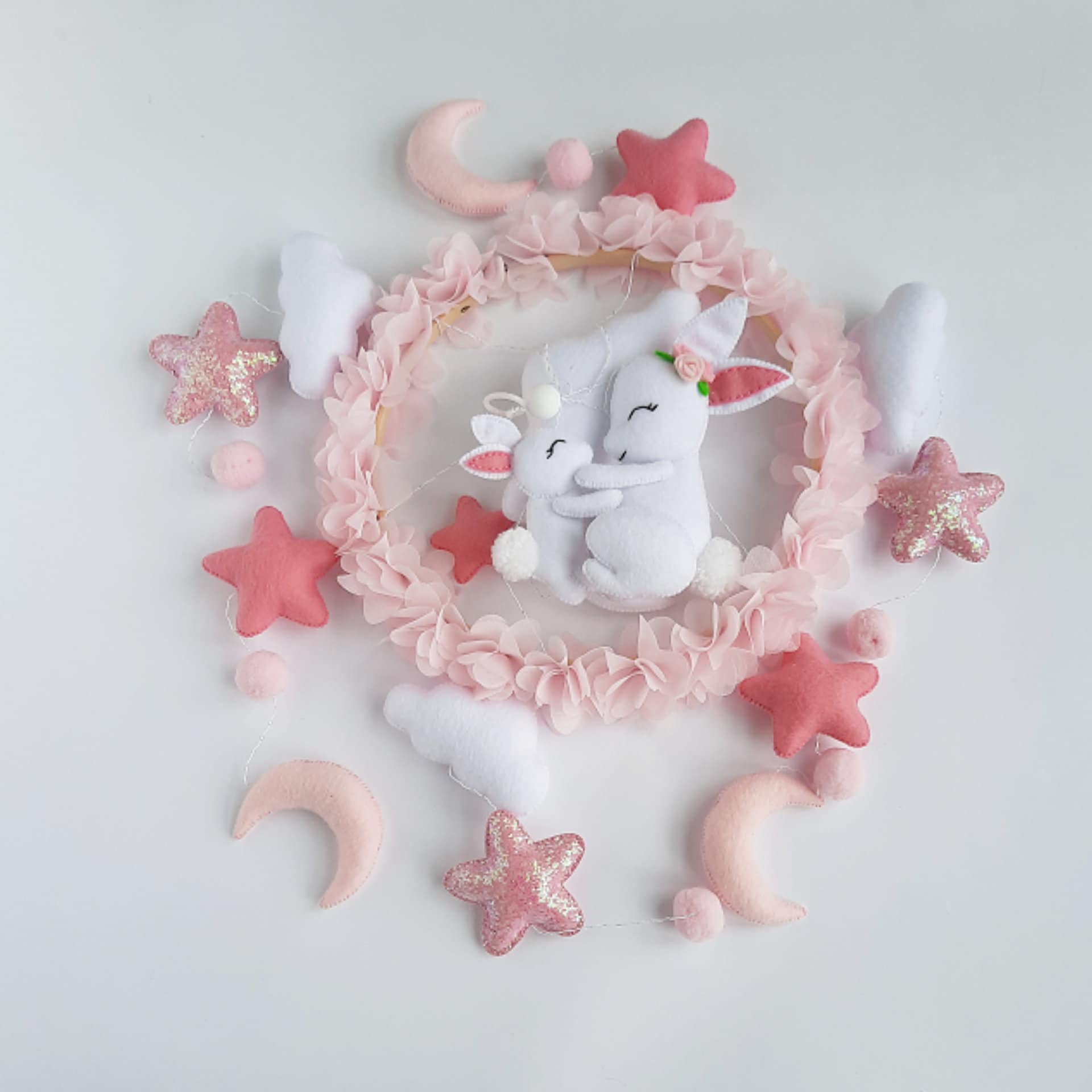 Pink Baby Mobile With Bunny, Flower Mobile Nursery, Floral Crib Mobile