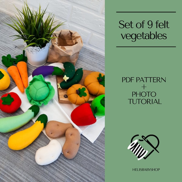 Conjunto de 9 patrones de verduras de fieltro, calabaza, tomate, pimiento, zanahoria, pepino, plantilla de comida de fieltro DIY para niños y decoración de cocina