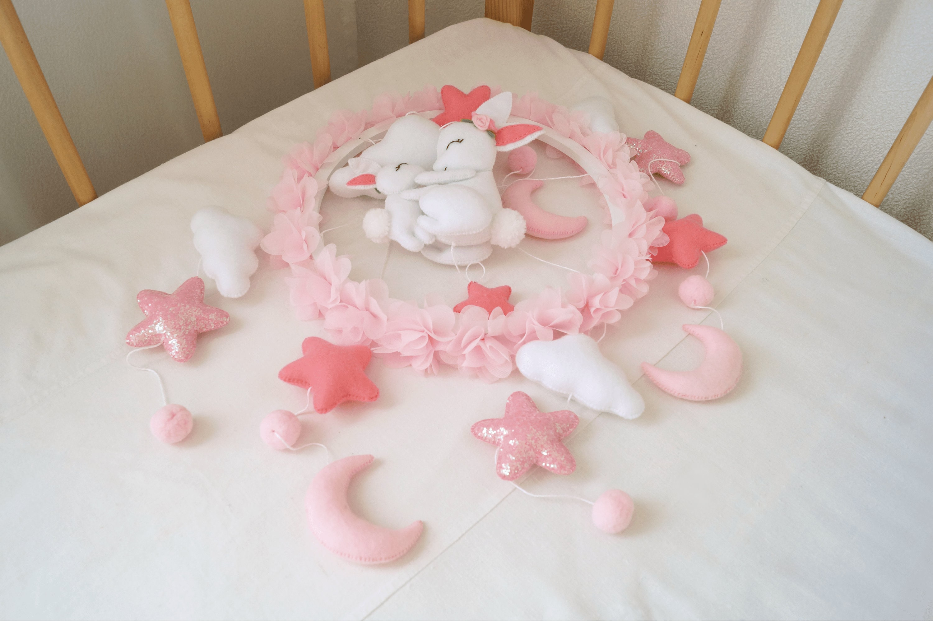 Pink Baby Mobile With Bunny, Flower Mobile Nursery, Floral Crib Mobile