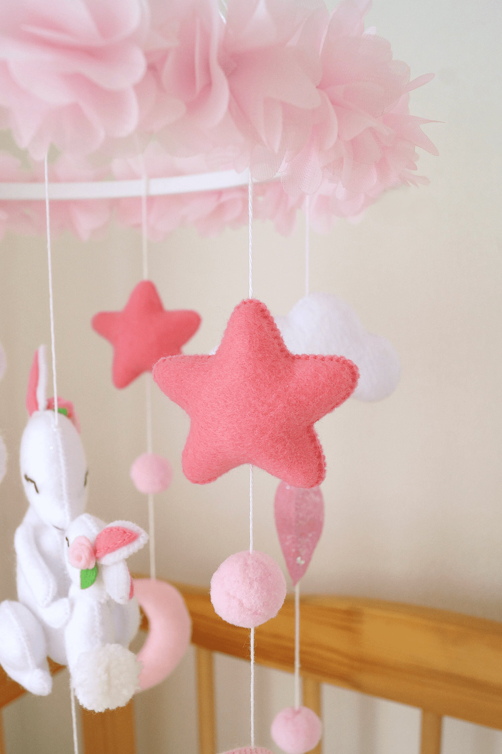 Pink Baby Mobile With Bunny, Flower Mobile Nursery, Floral Crib Mobile, Girls Nursery Decor