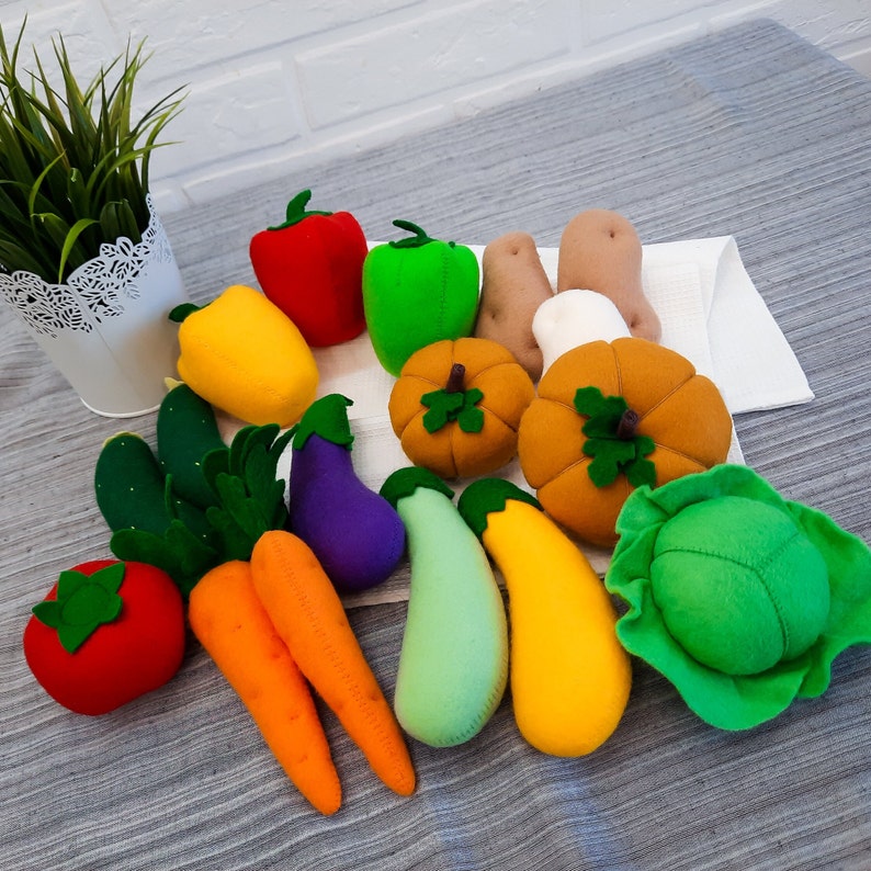 Set von 9 Filz Gemüse Mustern, Kürbis Tomate Paprika Karotte Gurke, DIY Filz Lebensmittel Vorlage für Kinder und Küchen Dekor Bild 2