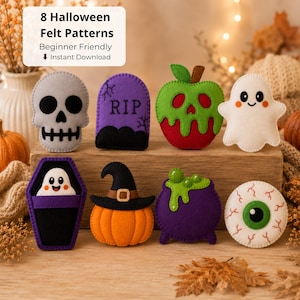 May include: Eight Halloween felt patterns featuring a grey skull, a purple tombstone with RIP text, a red and green poison apple, a white ghost, a ghost in a purple coffin, an orange pumpkin with a witch hat, a purple cauldron, and an eyeball.