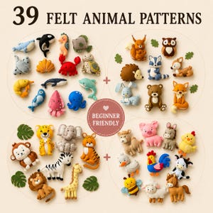 Paquete de 39 patrones de costura de animales de fieltro en PDF, juego de patrones para móviles de bebé, animales de granja y océano de safari en el bosque, decoración infantil DIY