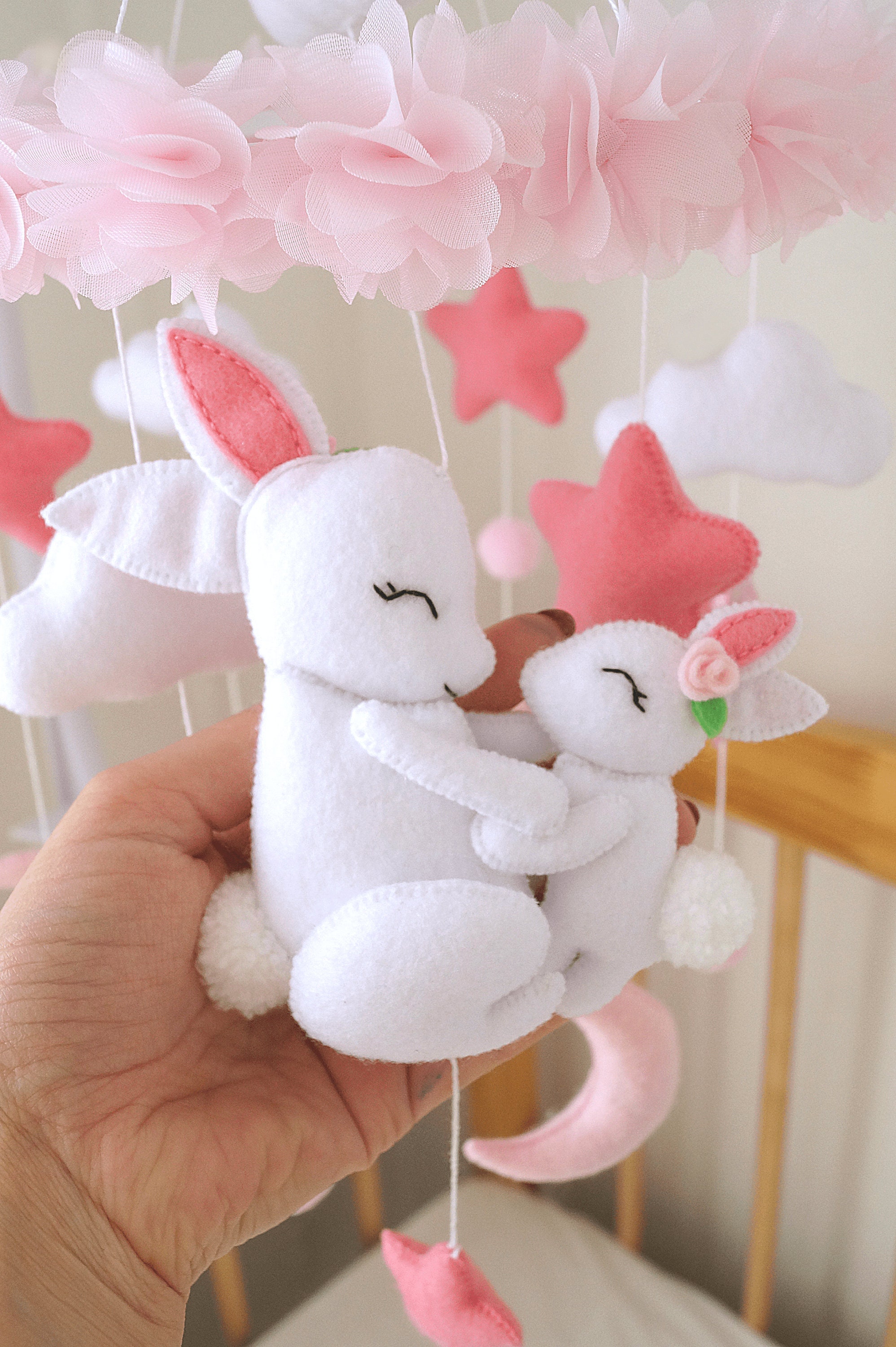 Pink Baby Mobile With Bunny, Flower Mobile Nursery, Floral Crib Mobile, Girls Nursery Decor