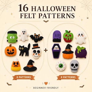 Puede incluir: Una colección de 16 patrones de fieltro para Halloween con dos grupos de 8 diseños. Las formas de fieltro incluyen un monstruo verde, fantasma blanco, murciélago negro, calabaza naranja, gato negro, calavera, dulce de maíz, sombrero de bruja, lápida, manzana, ataúd, caldero y globo ocular.