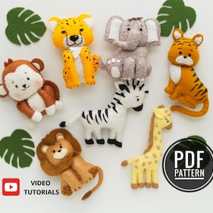 Jungle Animals Sewing Patterns PDF and Tutorials, Felt Pattern, Safari Felt Toys, Stuffed Animals, Felt Ornaments