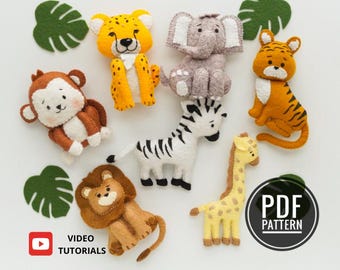 Jungle Animals Sewing Patterns PDF and Tutorials, Felt Pattern, Safari Felt Toys, Stuffed Animals, Felt Ornaments