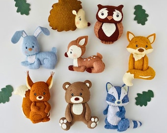 8 Woodland Felt Animals Set, Felt Toys, Forest Stuffed Animals, Felt Ornaments, Teddy Bear Fox Hedgehog Squirrel Toys, Woodland Baby Shower
