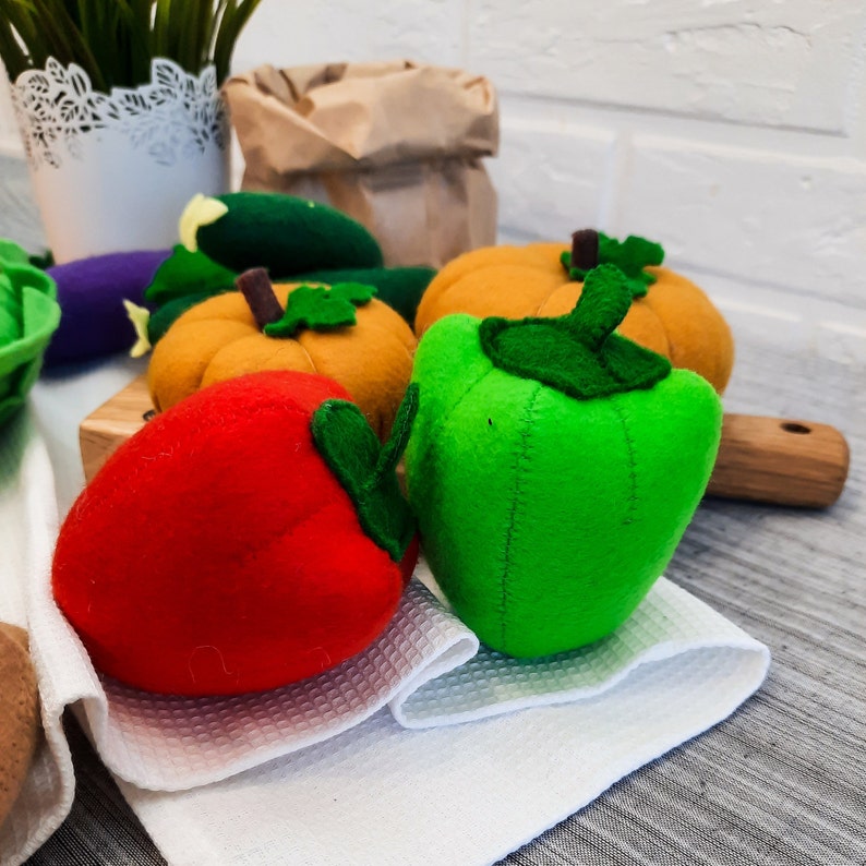 Set von 9 Filz Gemüse Mustern, Kürbis Tomate Paprika Karotte Gurke, DIY Filz Lebensmittel Vorlage für Kinder und Küchen Dekor Bild 4