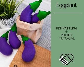 Vilt aubergine naaipatroon, DIY vilt voedsel sjabloon voor kinderen, vilt groenten voor keuken decor