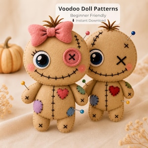 May include: Two tan felt voodoo dolls with stitched details, colorful patches, and pins. The left doll has a pink bow, one blue eye, and one pink button eye. The right doll has one blue eye and one stitched X eye. Text reads Voodoo Doll Patterns.