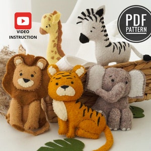 Jungle Animals Sewing Patterns PDF and Tutorials, Felt Pattern, Safari Felt Toys, Stuffed Animals, Felt Ornaments