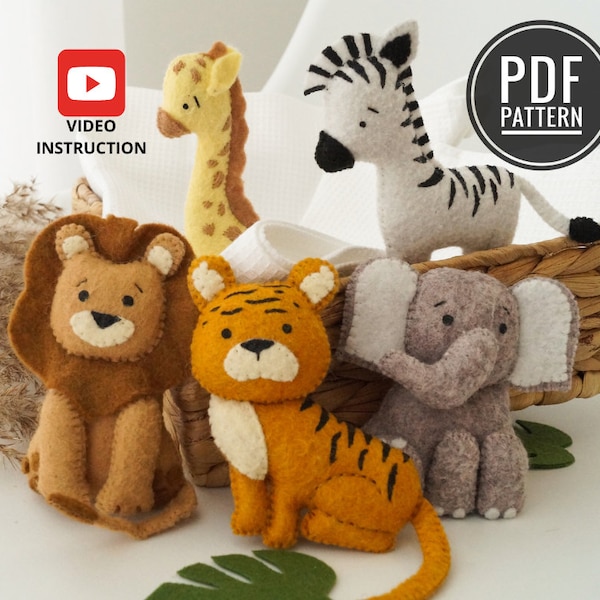 Patrons de couture animaux de la jungle PDF et tutoriels, motif en feutre, jouets en feutre safari, peluches, décorations en feutre