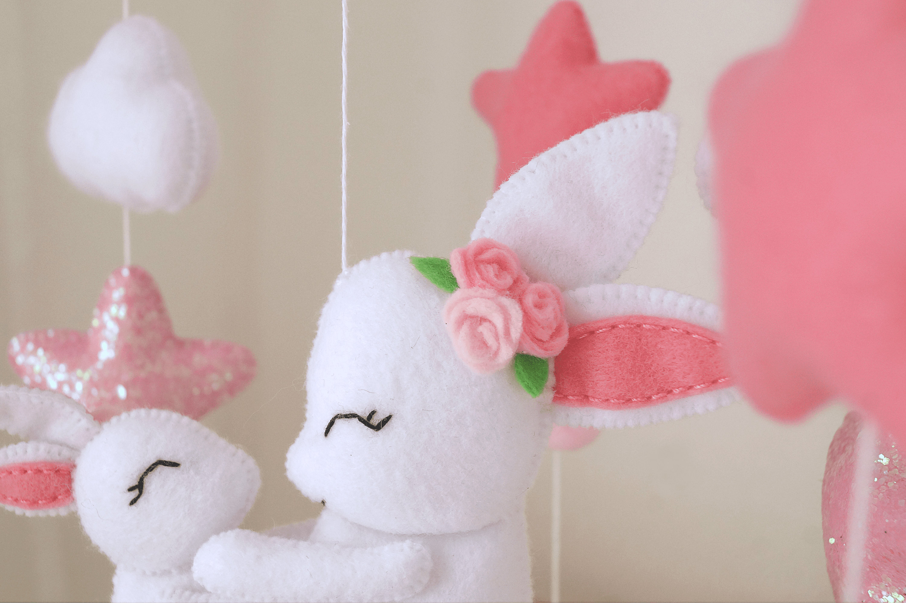 Pink Baby Mobile With Bunny, Flower Mobile Nursery, Floral Crib Mobile