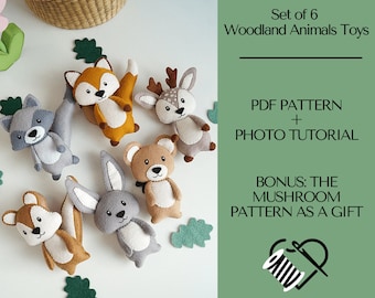 6 Woodland Felt Animals Pattern PDF, Felt Pattern Fox Deer Bear Hare Racoon, Felt Toys For 1 Year Old, Felt Sewing Pattern, Stuffed toys