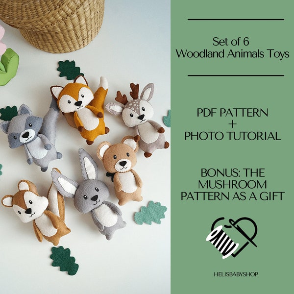 6 Woodland Felt Animals Pattern PDF, Felt Pattern Fox Deer Bear Hare Racoon, Felt Toys For 1 Year Old, Felt Sewing Pattern, Stuffed toys