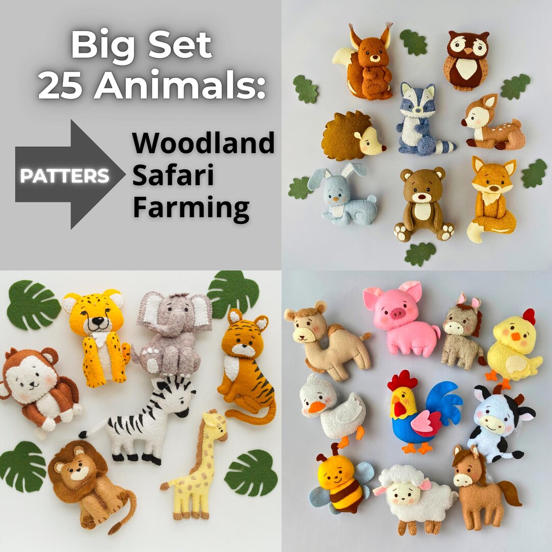 フェルト動物の裁縫パターン25点セット（PDF/SVG）、森の動物の