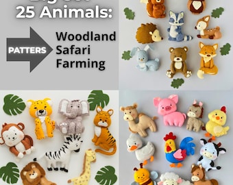 フェルト動物の裁縫パターン25点セット（PDF/SVG）、森の動物の