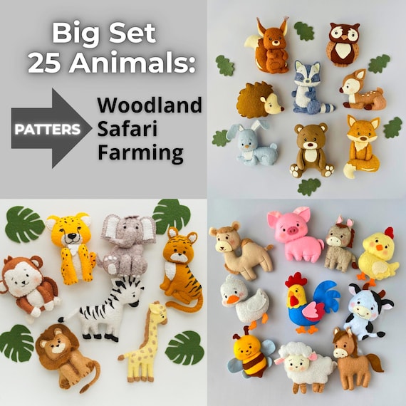 フェルト動物の裁縫パターン25点セット（PDF/SVG）、森の動物の
