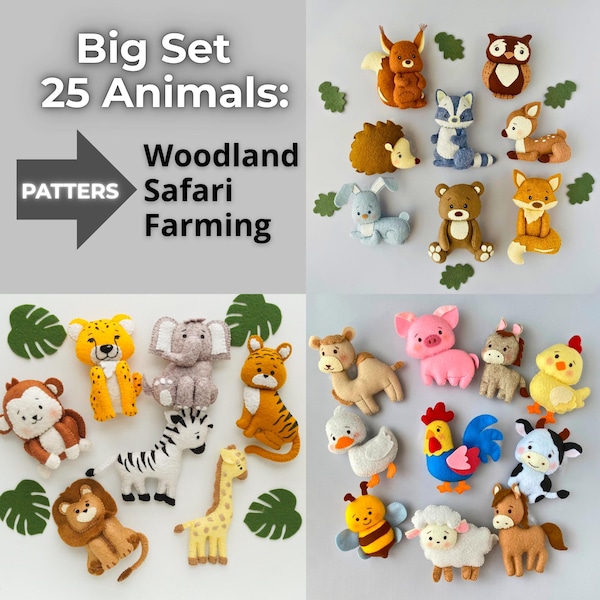 Grote set 25 vilten dieren naaipatronen pdf/svg, bosknuffels, safaridieren, boerderijdieren, vilten ornamenten patronen, vilt decor
